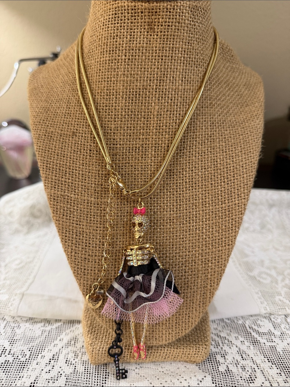 Betsey Johnson Prisoner of Love Skeleton Doll Necklace Key Tutu Rare